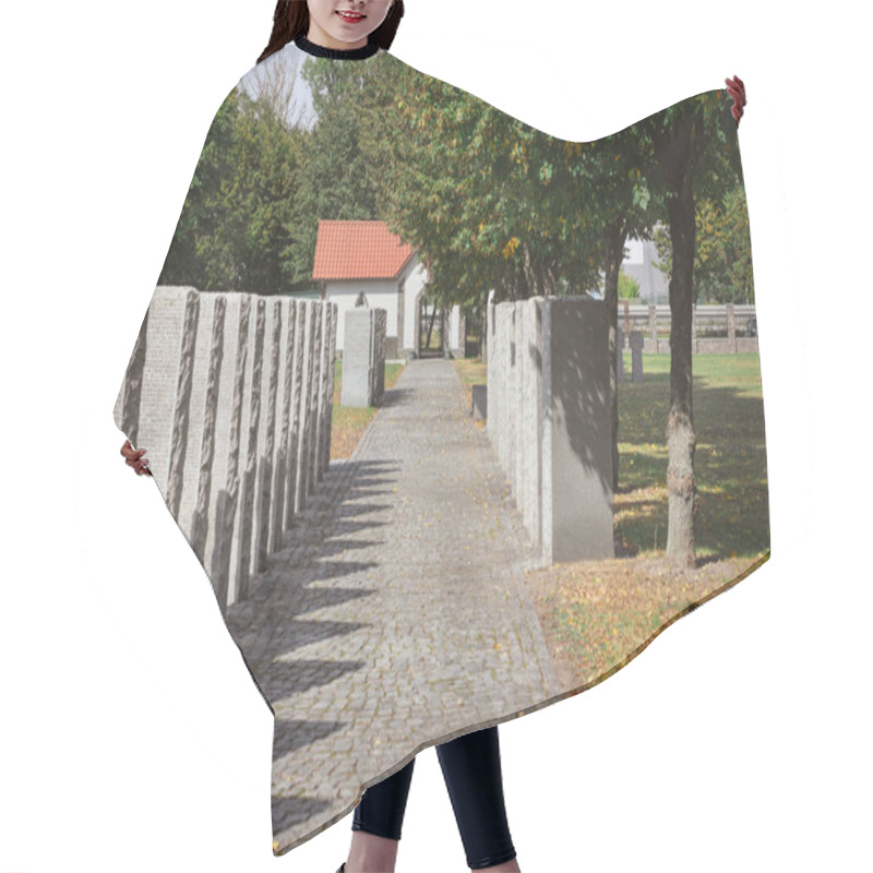 Personality  cemetery with memorial gravestones placed in rows under tree  hair cutting cape