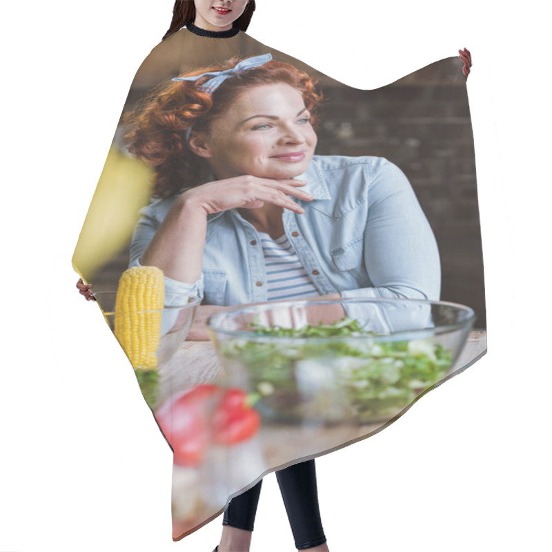 Personality  Mature Woman In Kitchen Hair Cutting Cape