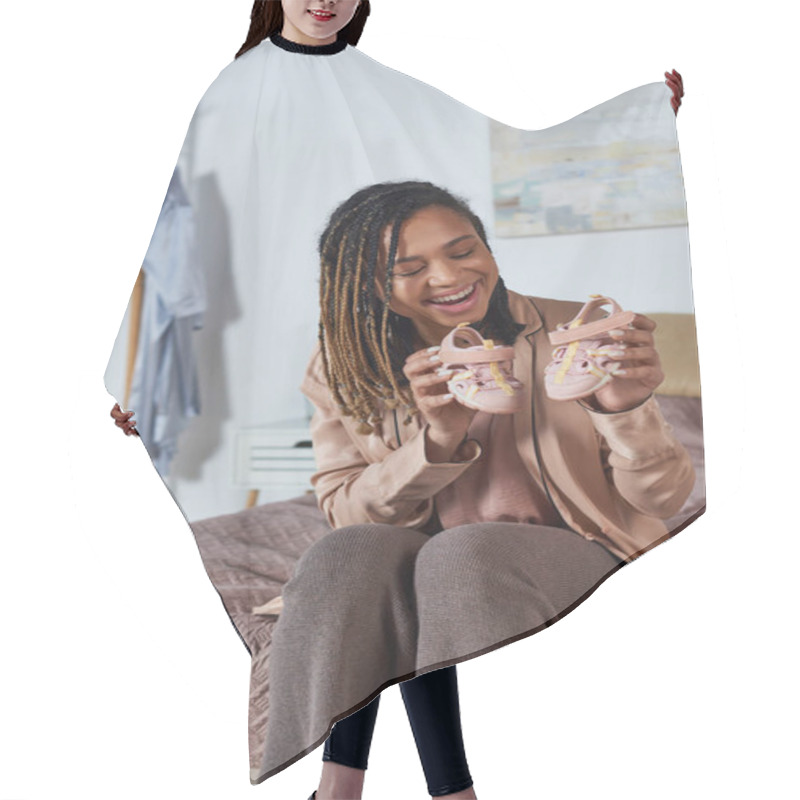 Personality  Happy African American Woman And Bearded Man Holding Baby Shoes, Future Parents, Expectation, Cute Hair Cutting Cape