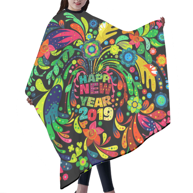 Personality  Colorful Creative Happy New Year 2019 Wishes With Intricate Floral Design Elements On A Black Background Hair Cutting Cape