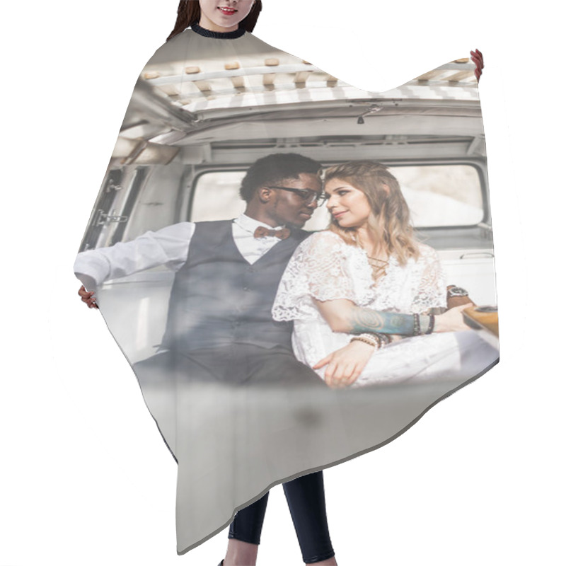 Personality  Happy Couple Hugging While Sitting Inside In Retro Minivan At Sunset In Canyon - Young People Having Fun On Summer Beach Vacation - Travel And Love Concept - Focus On Faces Hair Cutting Cape