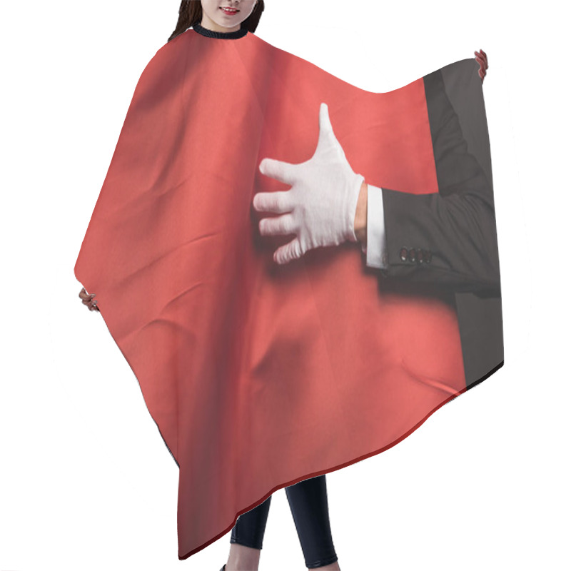 Personality  Cropped View Of Magician In Glove Touching Red Curtains Hair Cutting Cape