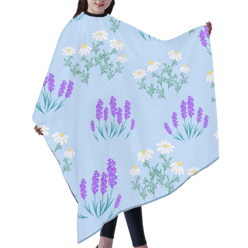 Personality  Botanical Seamless Print With Various Floral Elements. Blue Fields Of Lavender And Chamomile. Fashion Fabric Pattern With Miniature Flowers, Vintage Textile Hair Cutting Cape