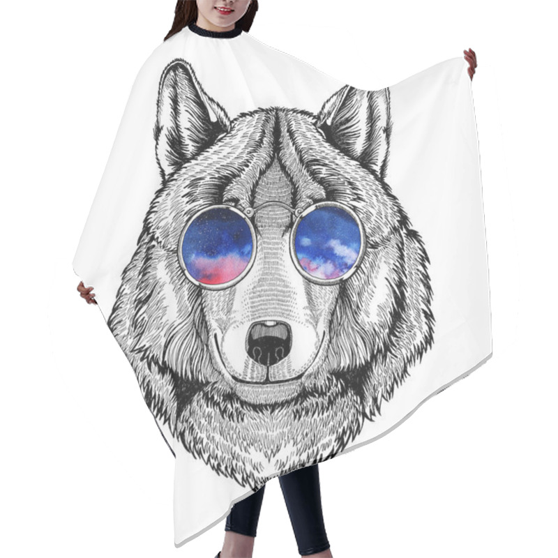 Personality  Hippie, Hipster Wolf Wearing Glasses Image For Tattoo, Logo, Emblem, Badge Design Hair Cutting Cape