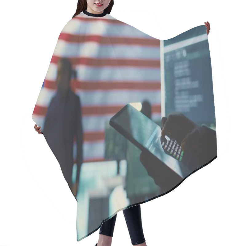 Personality  Cybersecurity Expert In A Governmental IT Environment With The American Flag. Monitoring Cybersecurity, Encryption And Data Security On A Tablet To Protect Against Cyber Threats. Close Up. Camera B. Hair Cutting Cape