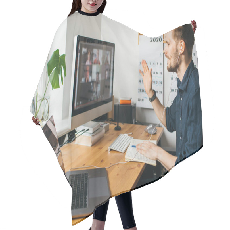 Personality  Young Man Having A Video Call Via A Computer In The Home Office. Stay At Home And Work From Home Concept During Coronavirus Pandemic. Hair Cutting Cape