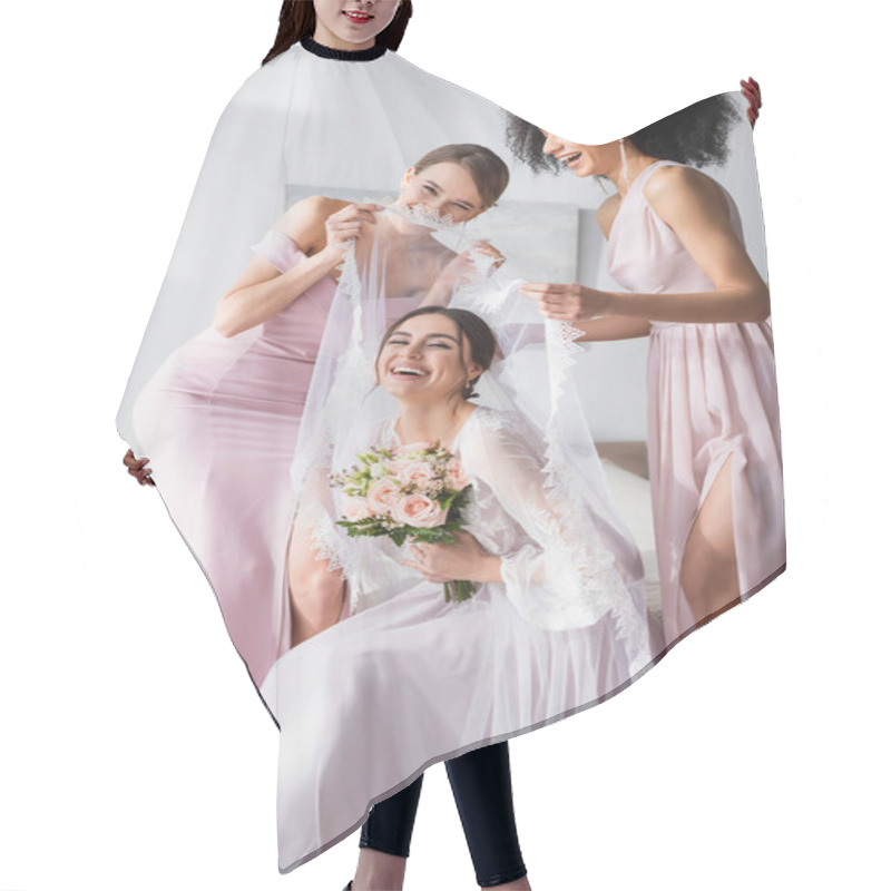 Personality  Excited Interracial Women Covering Overjoyed Bride With Veil In Bedroom Hair Cutting Cape