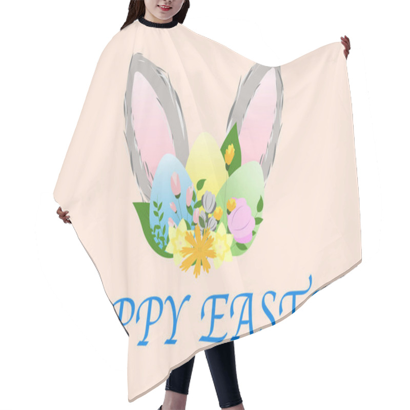 Personality  Illustration Of Cartoon Bunny Ears And Painted Eggs Near Happy Easter Lettering Isolated On Pink Hair Cutting Cape