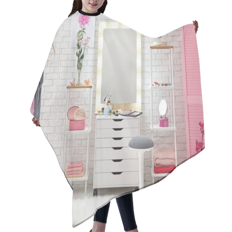 Personality  View Of Makeup Room With Decorative Cosmetics And Tools On Dressing Table Hair Cutting Cape