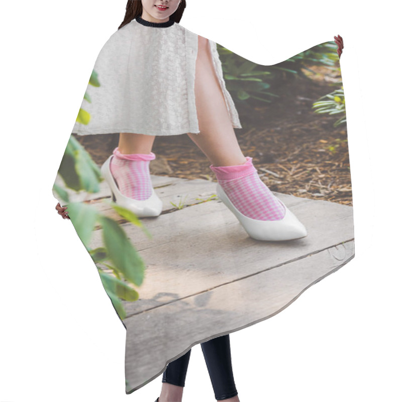 Personality  Low Section Of Girl In Dress And Stylish White Shoes Walking On Wooden Walkway Hair Cutting Cape