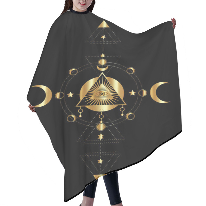 Personality  Gold Eye Of Providence. Masonic Symbol. All Seeing Eye Inside Triple Moon Pagan Wicca Moon Goddess Symbol. Vector Illustration Tattoo, Astrology, Alchemy, Boho And Magic Symbol. Circle Of A Moon Phase Hair Cutting Cape