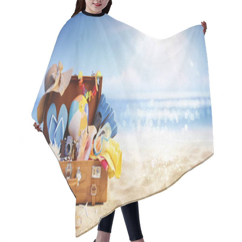 Personality  Summer Beach Preparation - Suitcase And Accessories With Sand And Defocused Glittering On Sea - Travel And Departure Concepts Hair Cutting Cape