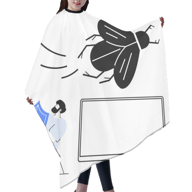 Personality  Man Holding A Security Shield Faces A Large Flying Bug Near A Computer Monitor. Ideal For Cybersecurity Awareness, Online Safety, Computer Bugs, Secure Browsing, Data Protection, IT Support, Malware Hair Cutting Cape