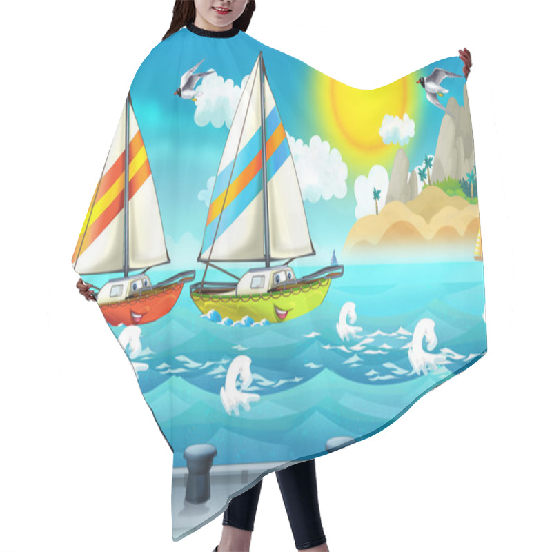 Personality  Cartoon Scene With Sailboat Sailing Into The Port Hair Cutting Cape