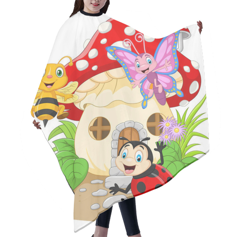 Personality  Vector Illustration Of Cartoon Funny Insects With Mushroom House Hair Cutting Cape