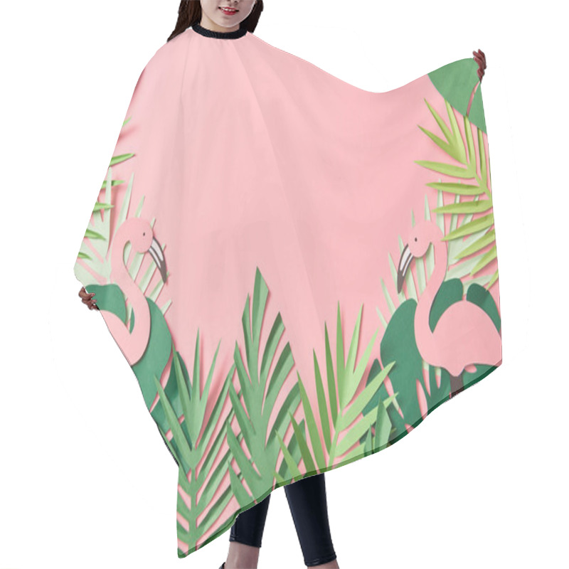 Personality  Top View Of Paper Cut Flamingos On Green Palm Leaves On Pink Background With Copy Space Hair Cutting Cape