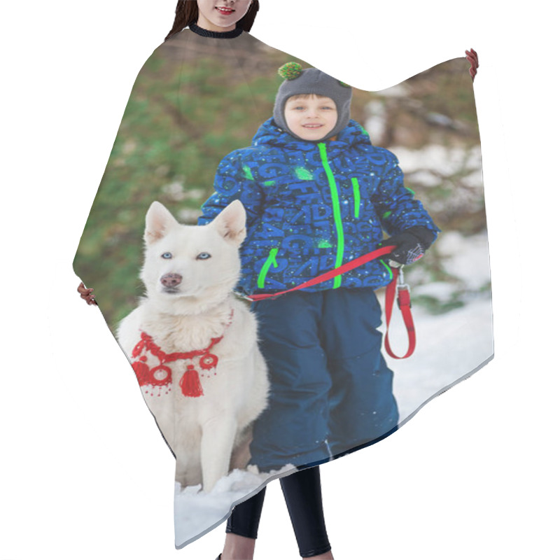 Personality  Child And Husky Walk In The Winter Woods Hair Cutting Cape