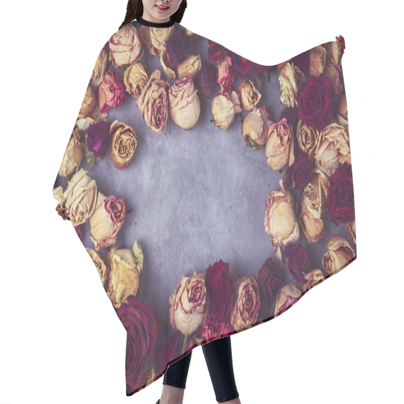 Personality  Frame From Dried Roses Buds On The Gray Concrete Background Hair Cutting Cape