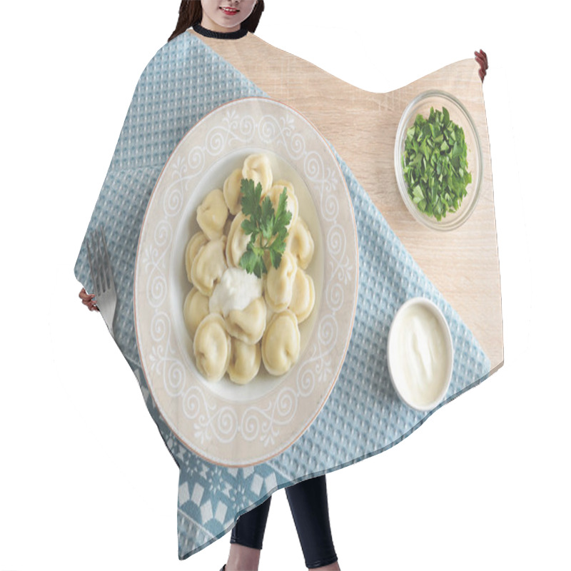 Personality  Homemade Dumplings With Sour Cream And Parsley. Under The Plate Is A Paper Napkin. Next To The Fork And Two Bowls With Parsley And Sour Cream. View From Above. Hair Cutting Cape