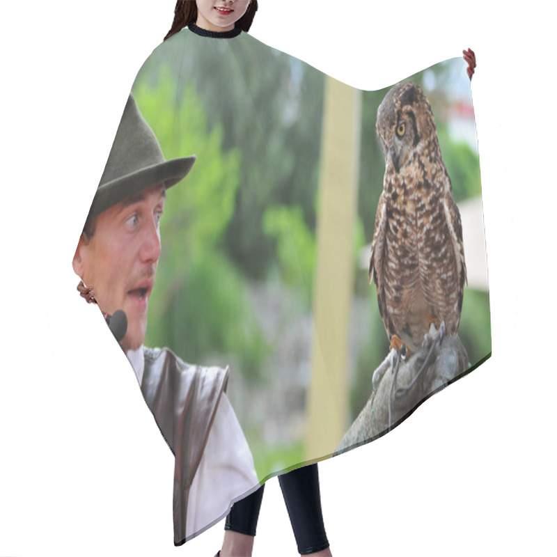 Personality  Falconer Holds A Spotted Owl Hair Cutting Cape