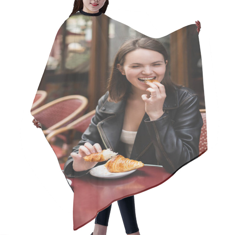 Personality  Happy Woman Eating Croissant Near Cup Of Coffee And Glass Of Orange Juice In Outdoor Cafe In Paris Hair Cutting Cape