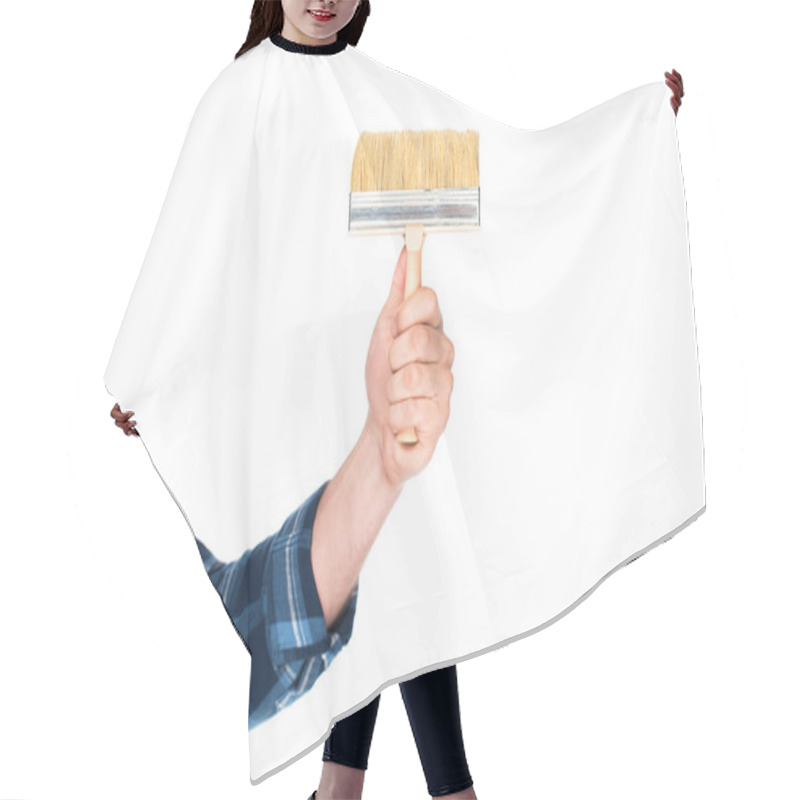 Personality  Cropped Shot Of Man Holding Paint Brush Isolated On White Background  Hair Cutting Cape