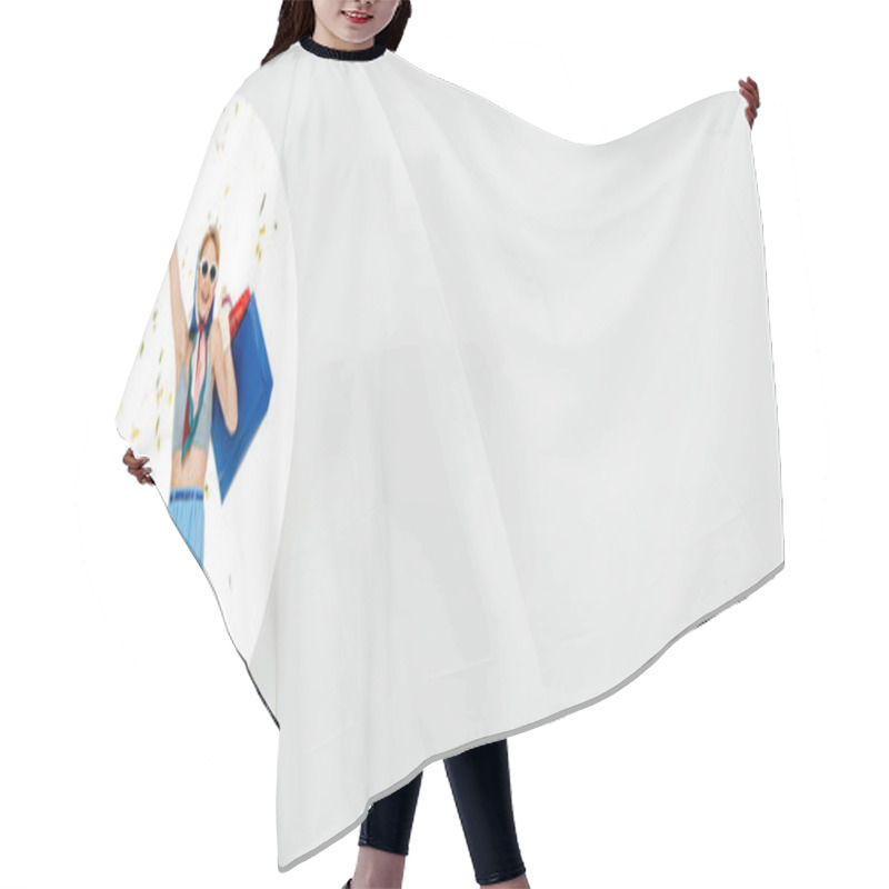 Personality  Positive Woman Holding Red And Blue Shopping Bags Near Circle Under Falling Confetti On White Background, Panoramic Crop Hair Cutting Cape