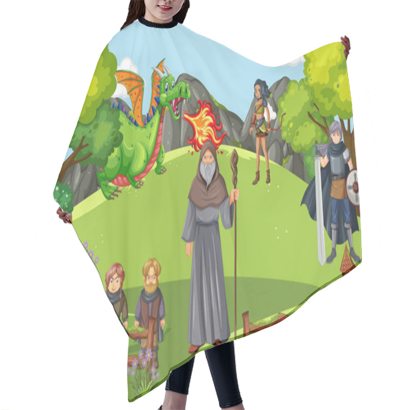 Personality  Enchanted Scene With Medieval Cartoon Characters Illustration Hair Cutting Cape