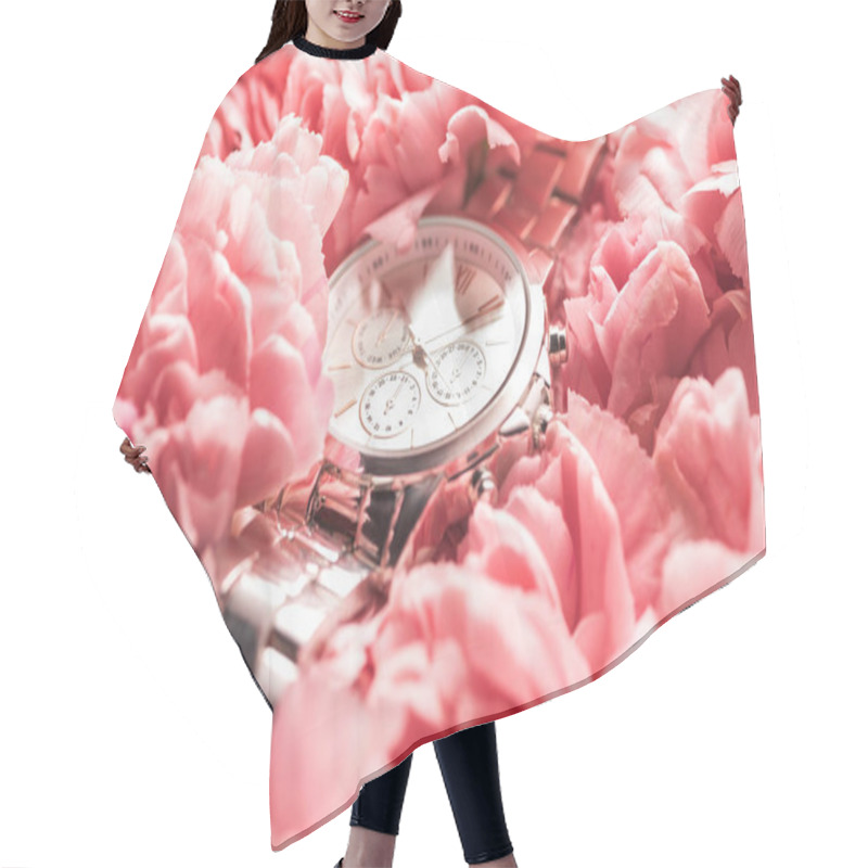 Personality  Swiss Wristwatch Lying On Blooming Pink Flowers Hair Cutting Cape