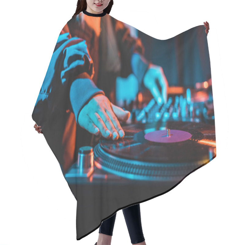 Personality  Selective Focus Of Dj Woman Touching Vinyl Record In Nightclub Hair Cutting Cape