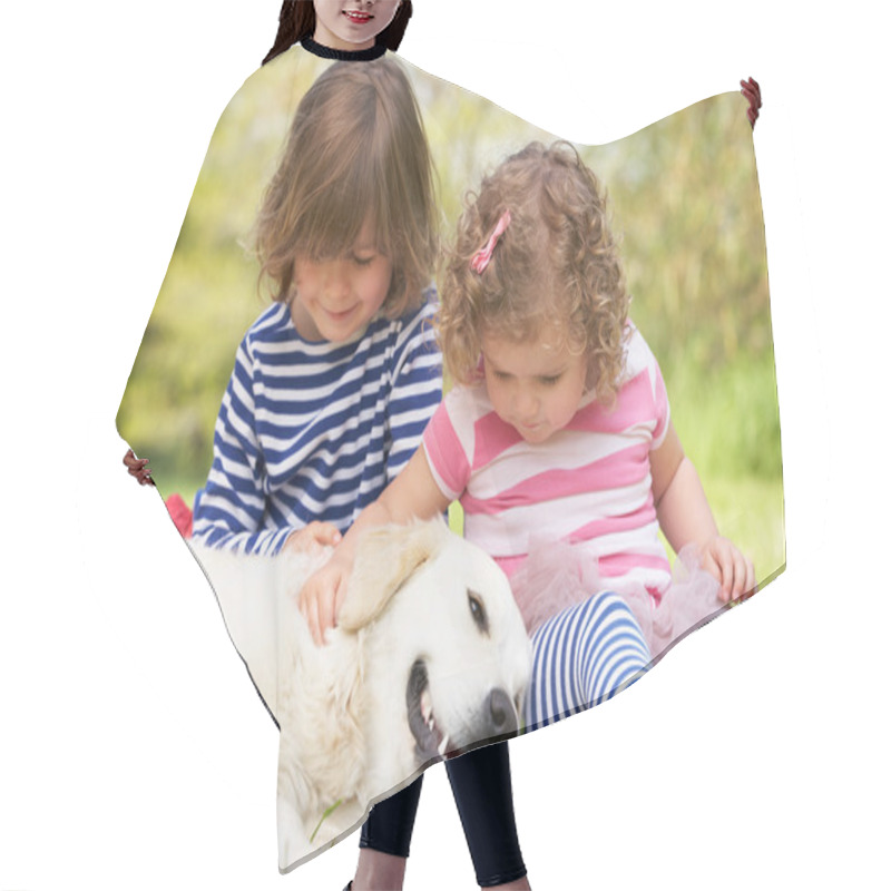 Personality  Two Children Petting Family Dog In Summer Field Hair Cutting Cape