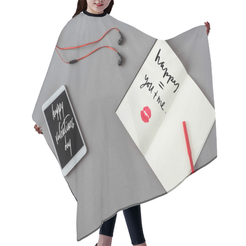 Personality  Top View Of Smartphone With Words Happy Valentines Day And Notebook With Lips Print On Gray Surface Hair Cutting Cape