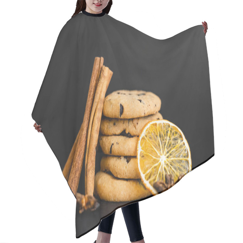 Personality  Cinnamon Sticks And Orange Slice Near Cookies With Chocolate On Black Background Hair Cutting Cape