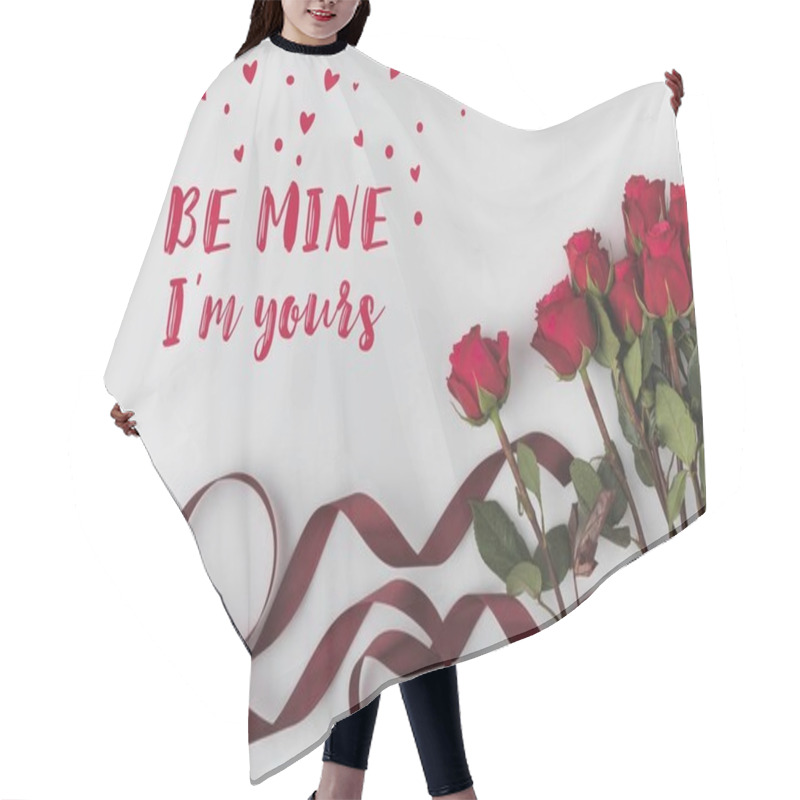 Personality  Top View Of Beautiful Red Roses With Ribbon Isolated On White, St Valentines Day Concept Hair Cutting Cape