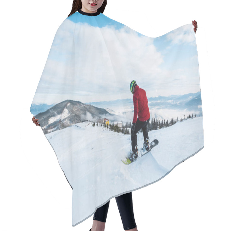 Personality  Snowboarder In Helmet Riding On Slope In Wintertime  Hair Cutting Cape