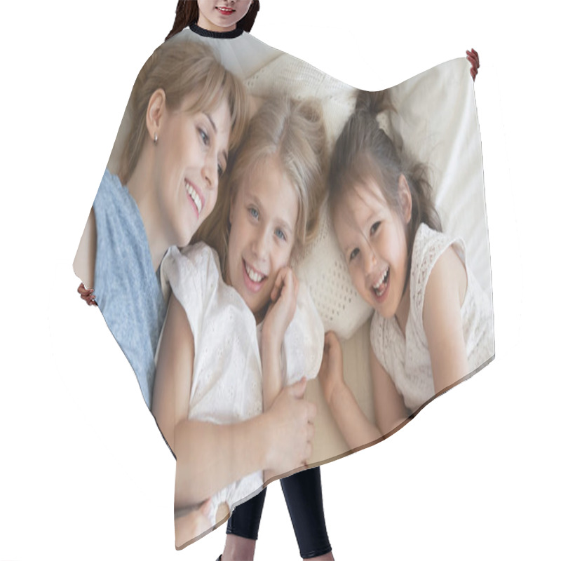 Personality  Top View Of Mom Relax In Bed With Little Daughters Hair Cutting Cape