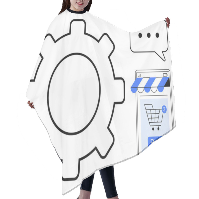 Personality  Large Gear Beside A Mobile Shopping Cart App With A Speech Bubble Above Indicates E-commerce Automation. Ideal For E-commerce, Automation, Mobile Shopping, Technology, User Experience. Simple Flat Hair Cutting Cape