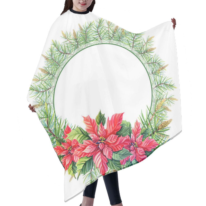 Personality  Watercolor Merry Christmas Wreath With Red Poinsettia Flowers, Pine,spruce On White Background. Hair Cutting Cape