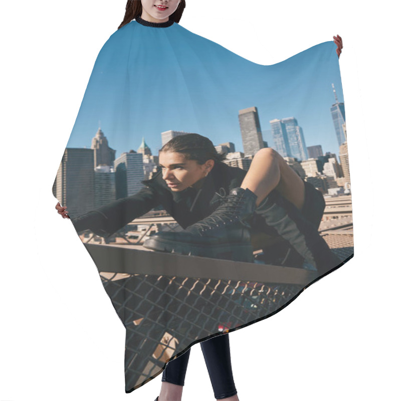 Personality  Young Woman Dances On NYC Rooftop, Embodying Citys Vibe. Hair Cutting Cape