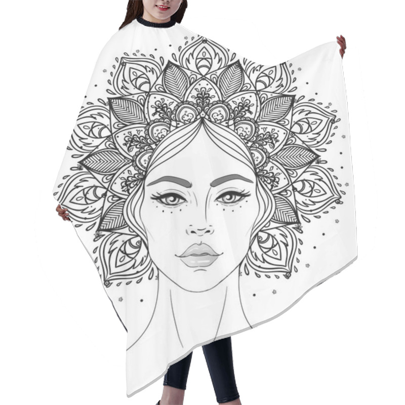 Personality  Tribal Fusion Boho Diva. Beautiful Asian Divine Girl With Ornate Crown, Kokoshnik Inspired. Bohemian Goddess. Hand Drawn Elegant Illustration. Lotus Flower, Ethnic Art, Patterned Indian Paisley. Hair Cutting Cape