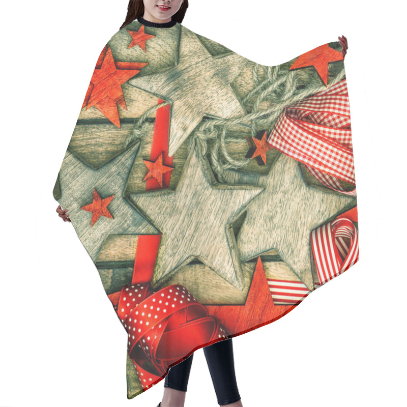 Personality  Christmas Decorations Wooden Stars And Red Ribbons Hair Cutting Cape