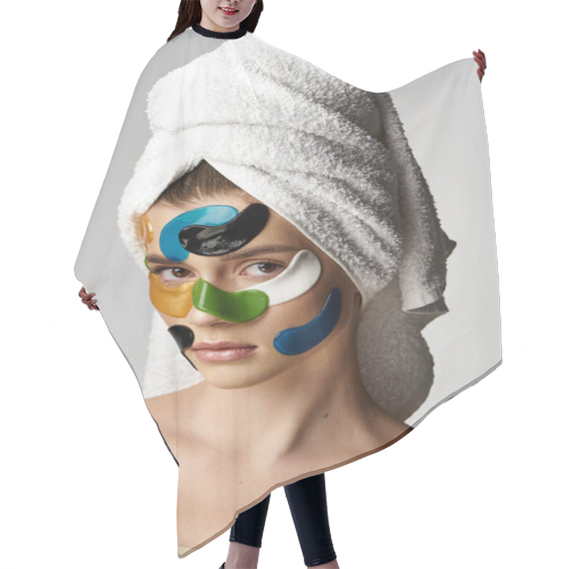 Personality  A Beautified Young Woman With Eye Patches Relaxes With A Towel Wrapped Around Her Head In A Spa Setting. Hair Cutting Cape