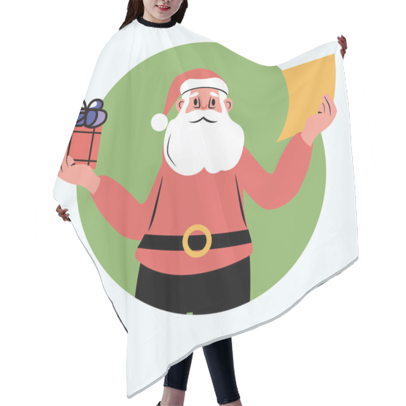 Personality  Santa Claus Holding Gift List Festive Holiday. Cheerful Santa In Red Suit With Present And Paper In Green Circle Background. Perfect For Christmas Designs. Vector Illustration. Hair Cutting Cape