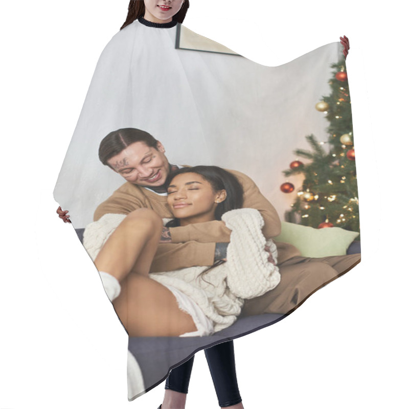 Personality  A Couple Enjoy A Warm Moment Together At Home During The Festive Christmas Season. Hair Cutting Cape