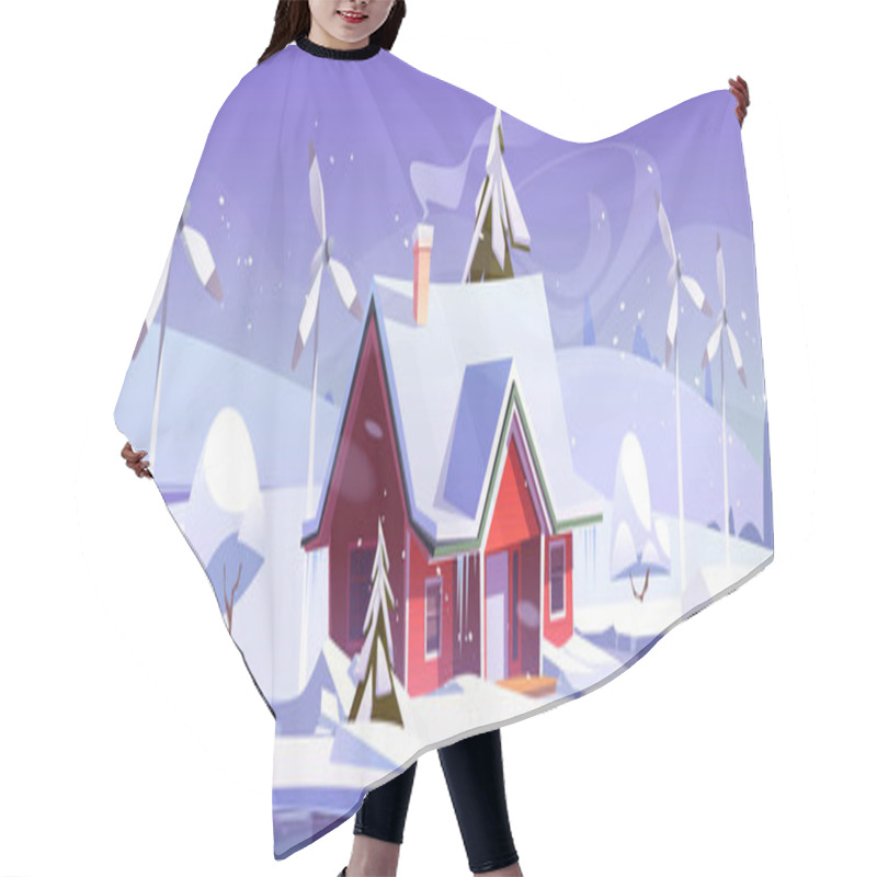 Personality  Winter Landscape With House And Wind Turbines Hair Cutting Cape