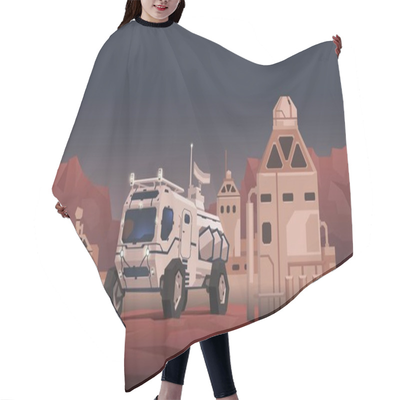 Personality  Mars Rover Vehicle And Space Colony On Extraterrestrial Landscape Background. Space Travelling Concept. Flat Vector Illustration. Horizontal. Hair Cutting Cape