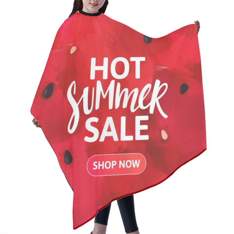 Personality  Hot Summer Sale Banner Design. Hand Drawn Text On Red Textured Watermelon Background. Vector Abstract Fruit Pattern. Hair Cutting Cape