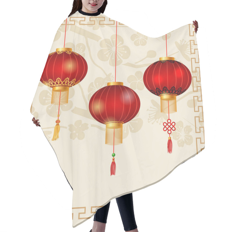 Personality  Japanese Or Chinese Background With Lanterns And Sakura Hair Cutting Cape