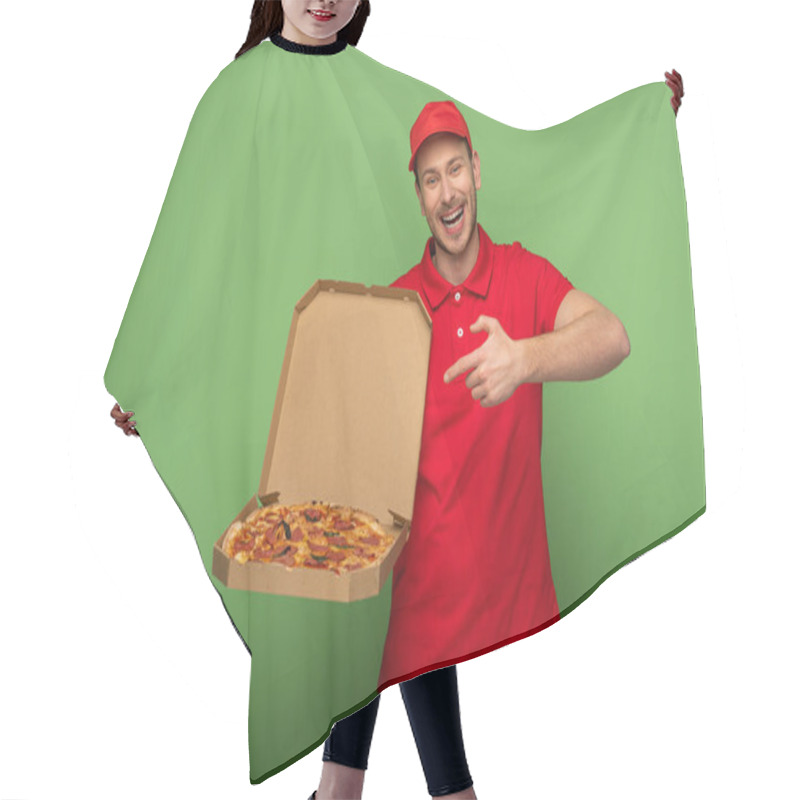 Personality  Happy Delivery Man In Red Uniform Pointing With Finger At Pizza Box On Green Hair Cutting Cape