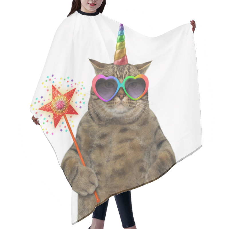 Personality  The Cat Unicorn In Glasses Is Holding A Magic Wand. White Background. Hair Cutting Cape